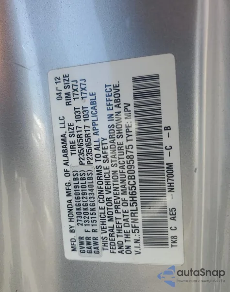 2012 Honda Odyssey Exl z USA, uszkodzony, nr VIN 5FNRL5H65CB095875